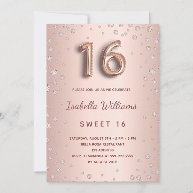 Sweet 16 blush rose gold diamonds script invitation (Front)