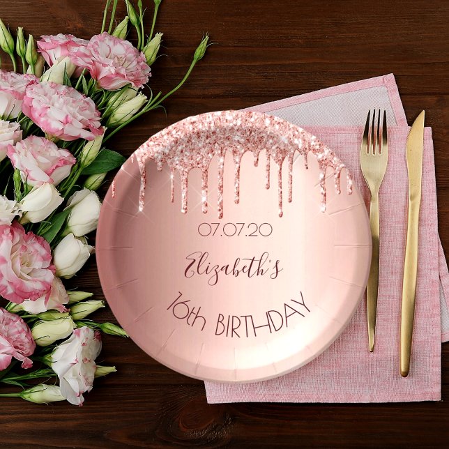 Sweet 16 blush rose gold drips name paper plates (Creator Uploaded)