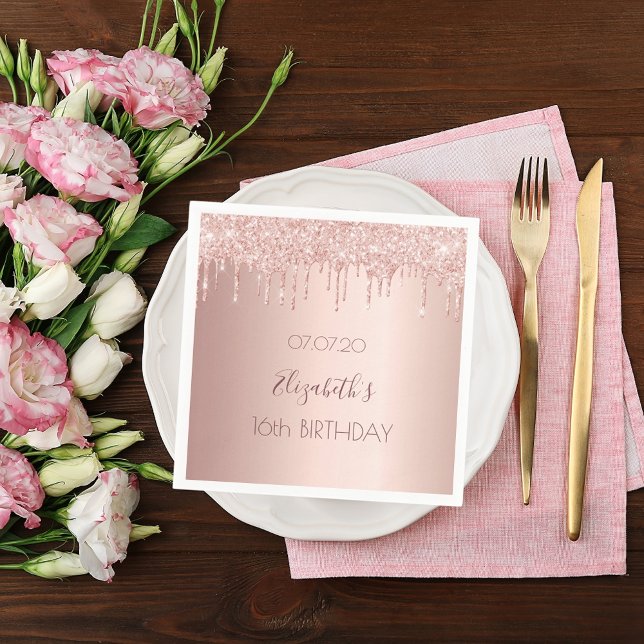 Sweet 16 blush rose gold glitter drips name glam napkins (Creator Uploaded)