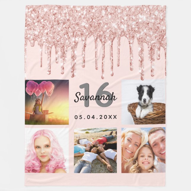 Sweet 16;blush rose gold glitter photo name fleece blanket (Front)