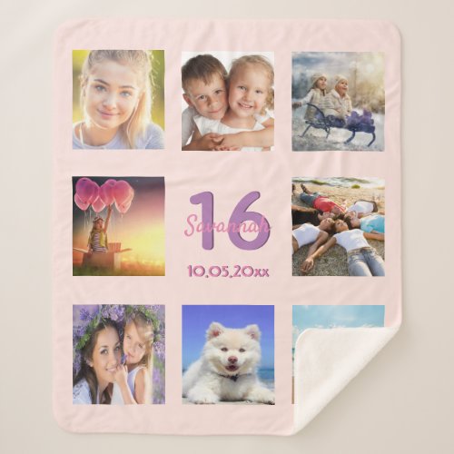 Sweet 16 blush rose gold name photo collage sherpa blanket