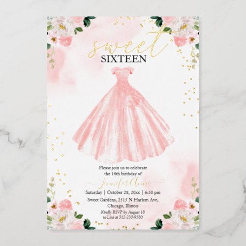 Sweet 16 Blush Watercolor Flowers Pink Dress Gold Foil Invitation