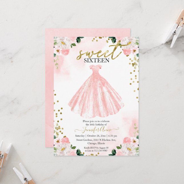 Sweet 16 Blush Watercolor Flowers Pink Dress  Invitation (Front/Back In Situ)