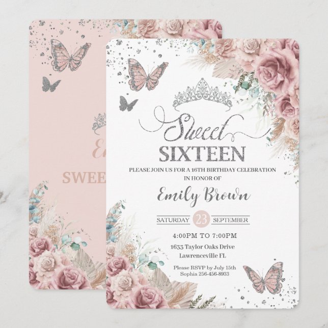 Sweet 16 Boho Blush Dusty Rose Floral Pampas Grass Invitation (Front/Back)