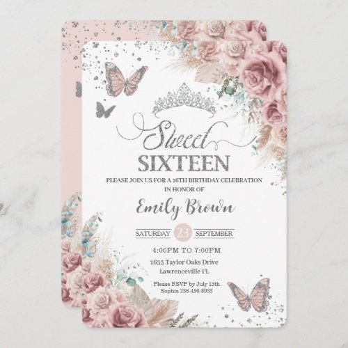 Sweet 16 Boho Blush Dusty Rose Floral Pampas Grass Invitation