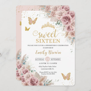 Sweet 16 Boho Blush Dusty Rose Floral Pampas Grass Invitation