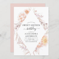 Sweet 16 Boho Dusty Pink Floral 16th Birthday Invitation