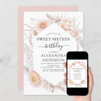 Sweet 16 Boho Dusty Pink Floral 16th Birthday Invitation