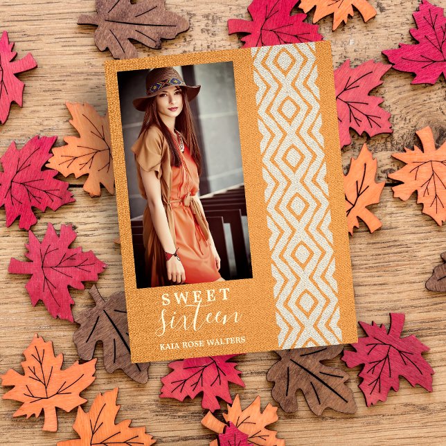 Sweet 16 Boho Tribal Textile Texture Photo Orange Announcement Postcard (Creator Uploaded)