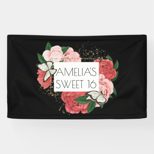Sweet 16 Bold Black Butterflies Red Pink Roses  Banner