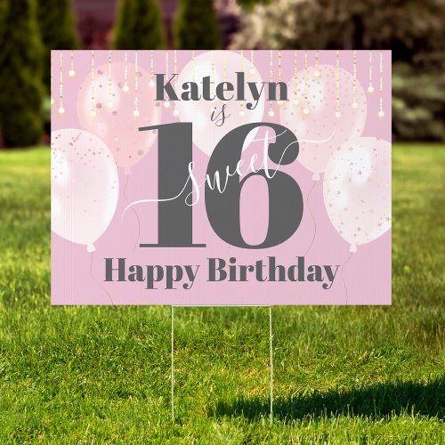 Sweet 16 Bold Happy Birthday Pink Balloon Yard Sign
