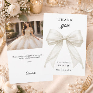 Sweet 16 bow ivory pearls photo thank you card