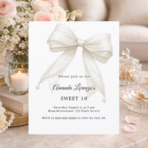 Sweet 16 bow ivory white pearls elegant invitation