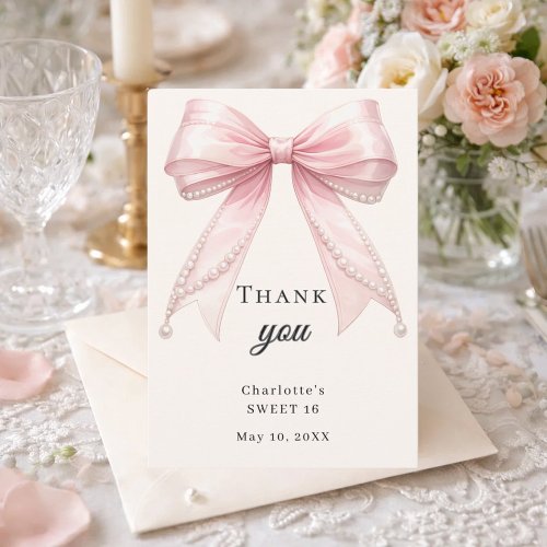 Sweet 16 bow pink ivory pearls thank you card