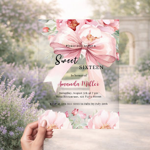 Sweet 16 bow pink watercolor florals clear acrylic invitations