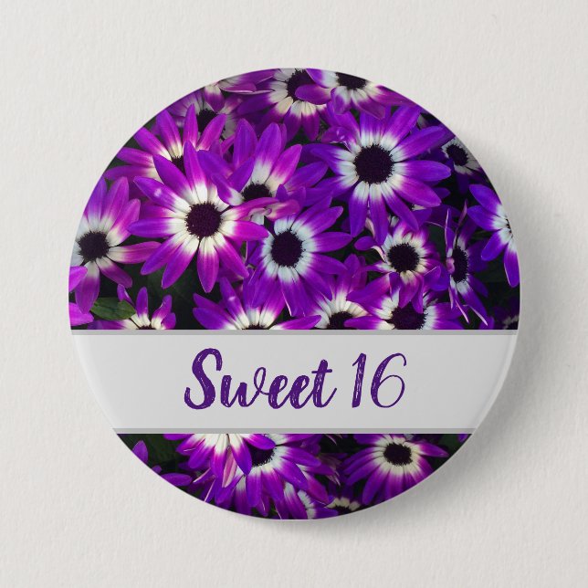 Sweet 16 Bright Purple Flower Photo Floral Button (Front)