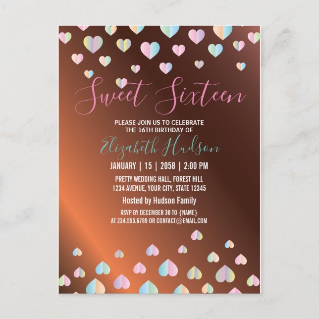 Sweet 16 Bronze Invitation with Colorful Speckles (Front)
