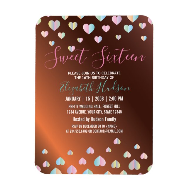 Sweet 16 Bronze Invitation with Colorful Speckles Magnet (Vertical)