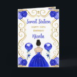 Sweet 16 Brown Hair Princess Blue Happy Birthday Card<br><div class="desc">This sweet sixteen birthday card invitation features an elegant gold frame,  a beautiful princess with brown hair and a royal blue dress,  flowers and a balloon.</div>