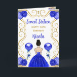 Sweet 16 Brown Hair Princess Blue Happy Birthday Card<br><div class="desc">This sweet sixteen birthday card invitation features an elegant gold frame,  a beautiful princess with brown hair and a royal blue dress,  flowers and a balloon.</div>