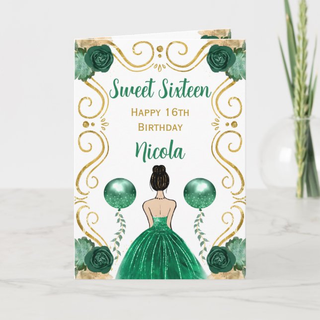 Sweet 16 Brown Hair Princess Green Happy Birthday Card (Front)