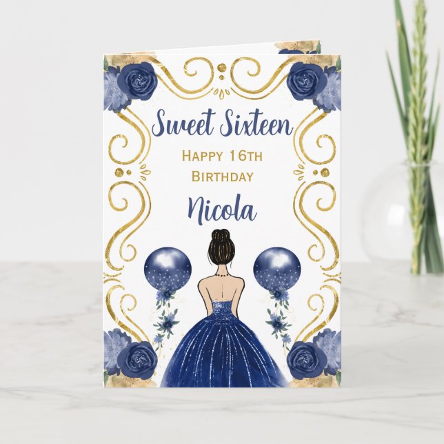 Sweet 16 Brown Hair Princess Navy Happy Birthday Card (Front)