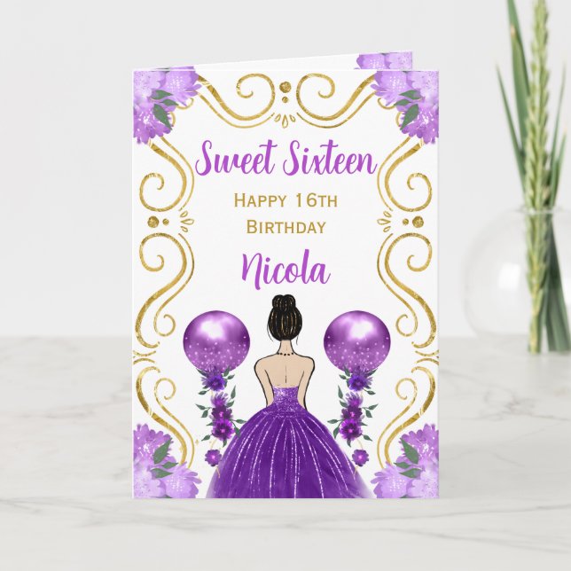 Sweet 16 Brown Hair Princess Purple Happy Birthday Card (Front)
