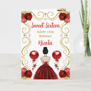 Sweet 16 Brown Hair Princess Red Happy Birthday Card