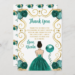 Sweet 16 Brown Hair Princess Teal Thank You Card