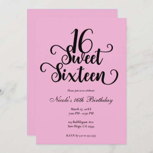 Sweet 16 Bubblegum Pink  Black Birthday Party   Invitation