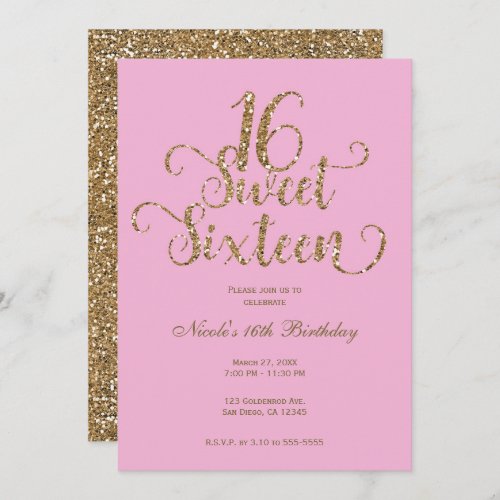 Sweet 16 Bubblegum Pink  Gold Glitter Birthday  Invitation