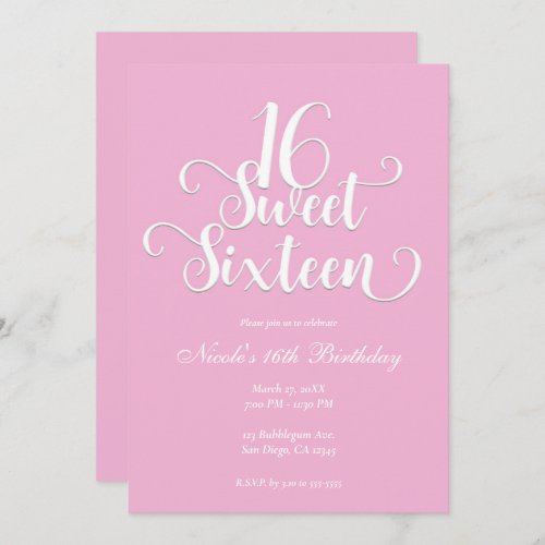 Sweet 16 Bubblegum Pink  White Birthday Party   Invitation