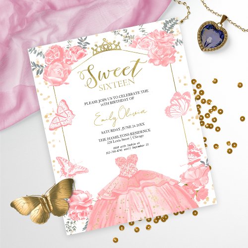 Sweet 16 Budget Invitation Butterfly Pink Dress