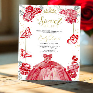 Sweet 16 Budget Invitation Butterfly Red Dress