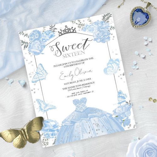 Sweet 16 Budget Invitation Dusty Blue Butterfly 