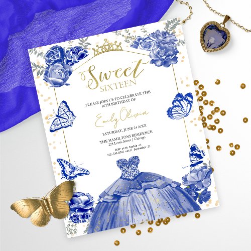 Sweet 16 Budget Invitation Royal Blue Butterfly 