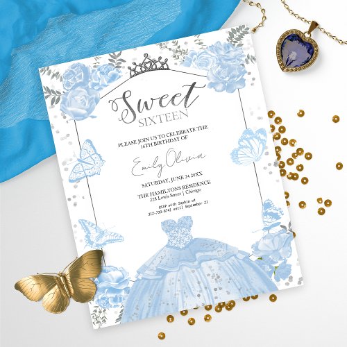 Sweet 16 Budget Photo Invitation Blue Butterfly