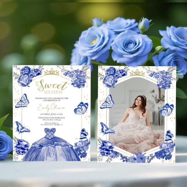 Sweet 16 Budget Photo Invitation Blue Butterfly (Creator Uploaded)