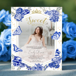 Sweet 16 Budget Photo Invitation Blue Butterfly