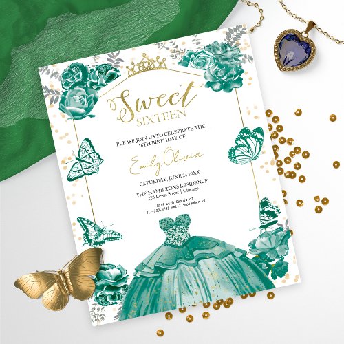 Sweet 16 Budget Photo Invitation Green Butterfly