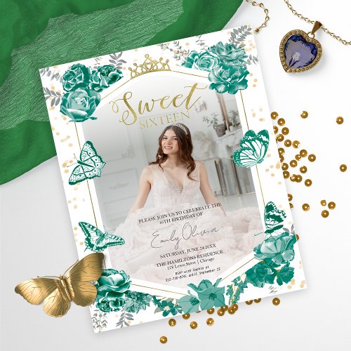 Sweet 16 Budget Photo Invitation Green Butterfly