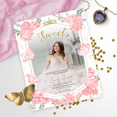 Sweet 16 Budget Photo Invitation Pink Butterfly 
