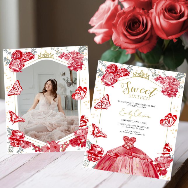 Sweet 16 Budget Photo Invitation Red Butterfly  (Creator Uploaded)