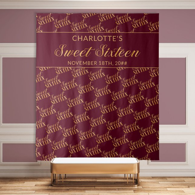 Sweet 16 Burgundy and Gold Birthday Party Backdrop (Creator Uploaded)