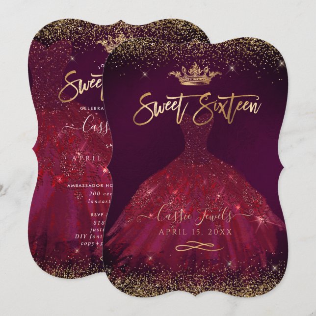 Sweet 16 Burgundy Gold Confetti+Princess Crown Invitation (Front/Back)