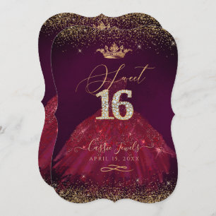 Sweet 16 Burgundy Gold Confetti+Princess Crown Invitation