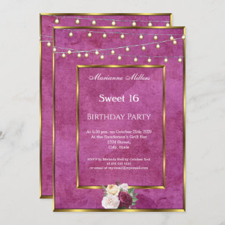 Sweet 16 Burgundy Gold Fairy Lights Roses  Invitation