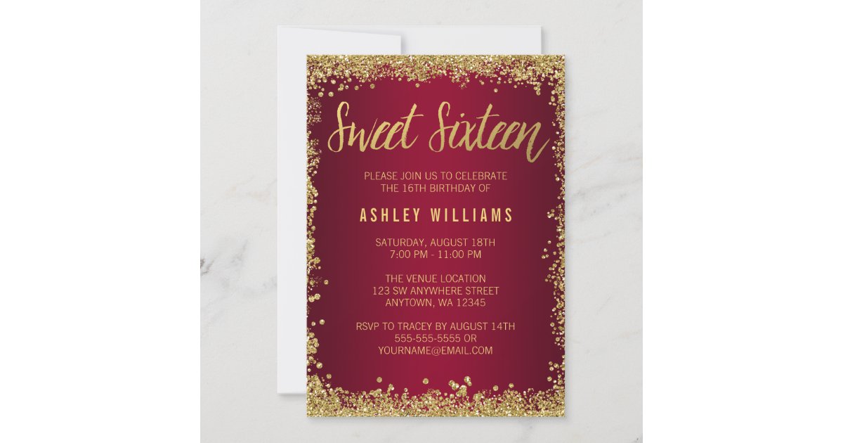 Sweet 16 Burgundy Gold Glitter Birthday Invitation | Zazzle