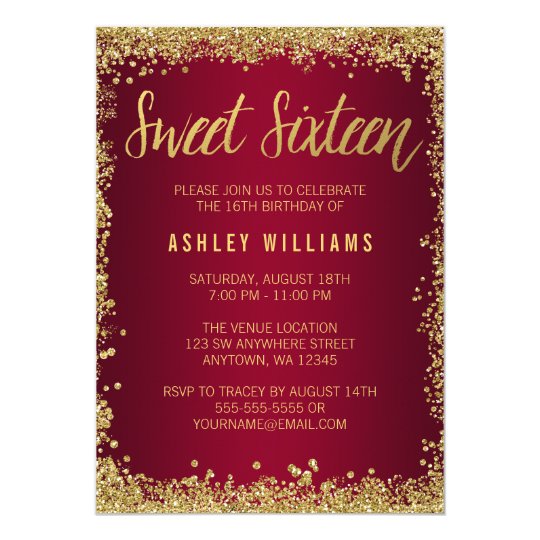 sweet 16 burgundy gold glitter birthday invitation zazzle com