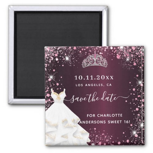Sweet 16 burgundy pink dress save the date magnet